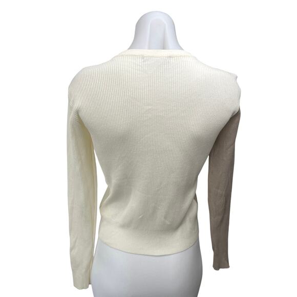 Decker Crescent Brown White Colorblock Rib Knit Button Cardigan Sweater Top XS - Picture 2 of 4
